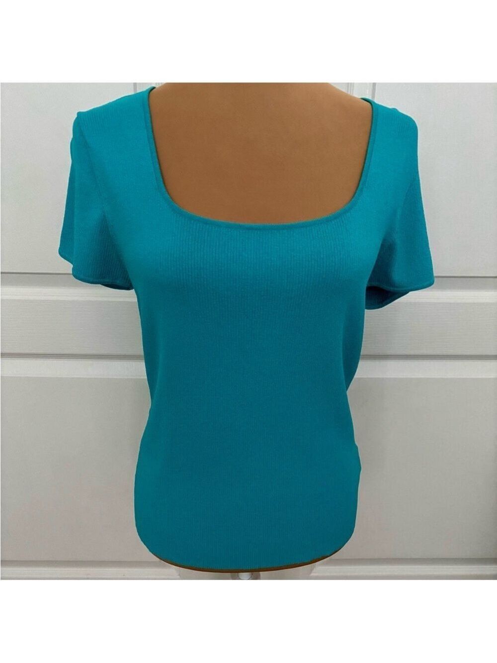 Kasper Turquoise Ribbed Knit Top | Wide Square Neck | Size Large - Picture 2 of 10